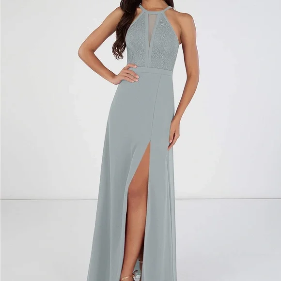 dolphin grey bridesmaid dresses Grey Pregnant Lace Top Modest Illusion Neck Maxi Bridesmaid Dresses